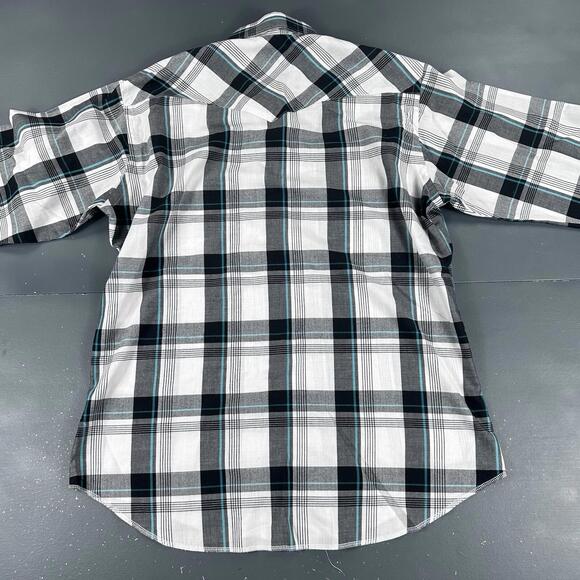 VTG Wrangler Shirt Men Large White Black Turquoise Plaid Pearl Snap USA Made 90s - Picture 8 of 8